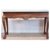 Cherry Oak Carved Faux Marble Top Console Table