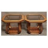 Vintage Oak Wood, Glass End Table Set (2)