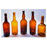 Antique Amber Hand-Blown Ale Bottles + (5)