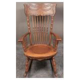 Antique Oak Wood Leather Seat Rocking Chair