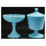 Fenton Blue Satin Wild Strawberry & Floral Compote