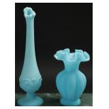 Fenton Frosted Blue Satin Glass Bud Vases (2)