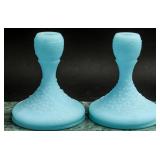 Fenton Frosted Blue Satin Glass Candlesticks (2)