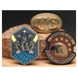 Brass US Belt Buckle W/Two Military Patches