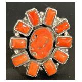 Coral & Sterling Adjustable Ring 11.4g