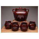 Brown Glazed Bean Pot Crock and Jars Set