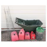 Outdoor Utility Lot with Gas Cans and Cart