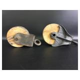 Antique Cast Iron and Wood Barn Pulleys (2)