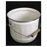 Vintage Enamel Milk Pail with Wooden Handle