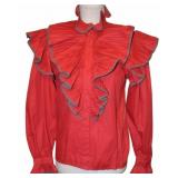 80s Tess Red Ruffled Button-Front Blouse - S/M