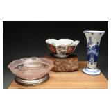 Imari Porcelain Bowl, Delft Vase, Pink Glass Bowl
