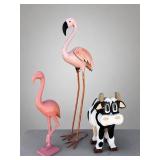 Flamingo Figures & Painted Cow Yard Art Pieces
