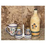 Pottery Cup, Salt and Pepper, and Wine Bottle