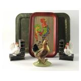 Vintage Rooster, Chicken Collection with Metal Tra