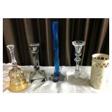Glass Vases, Candlesticks, & Bell (5 pcs)
