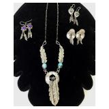 Sterling Eagle Feather Necklace & Earrings 30.5g