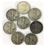 Walking Liberty Half Dollars (7), Kennedy Half (1)