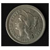 1881 Three Cent Nickel  XF