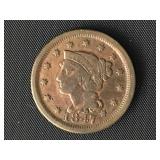 1847 Large Cent - Braided Hair Liberty Head  XF