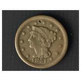 1851 Large Cent - Braided Hair Liberty Head  XF