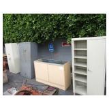 3 METAL STORAGE CABINETS AND 1 WOOK/GLASS DISPLAY