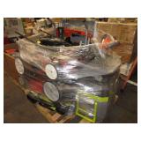PALLET OF ASSORTED TOOLS, MOWERS, TABLE SAW
