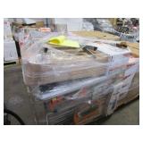 PALLET OF ASSORTED ITEMS, HEATER, BOOKCASE, RANGE