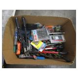 BOX OF ASSORTED TOOLS, BOLT CUTTERS, SOCKETS.