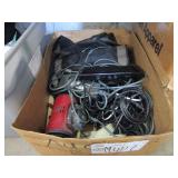 BOX OF MISCELLANEOUS ITEMS, CHARGING CORDS, PUMP,