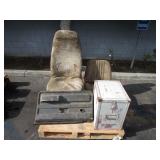 PALLET OF ASSORTED SEATS, MILITARY STORAGE BOX  (M