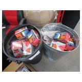 2 TRASH CANS W/ FLASHLIGHTS & MISC. ITEMS: