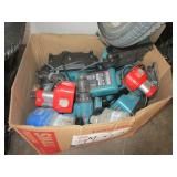 BOX OF ASSORTED CORDLESS DRILLS/BATTERIES