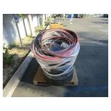 PALLET WITH TIRES, WHEELED CART AND HOSES