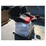 A PALLET WITH CAR SEATS & CAR WHEELS