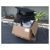 A BOX WITH CAR WHEELS & CAR SEATS