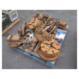 PALLET WITH ASSORTED VICES, PIPE WRENCH, PULLY
