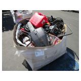 BOX WITH GAS CHAINSAW CASE, POWER BLOWER, GALLON,