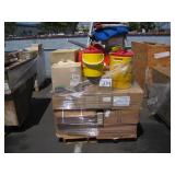 PALLET WITH OMNI LATEX GLOVES & WATER JUGS