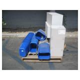LOT WITH BLUE PLASTIC TRASH CANS & OFFICE DRAWERS