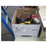 BOX OF MILWAUKEE POWER DRILLS & MEASURING TAPE