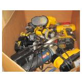 BOX WITH  DEWALT & RYOBI DRILLS & BATTERY PACKS