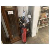 LOT WITH GOLF CLUB BAGS, FISHING RODS, TENNIS