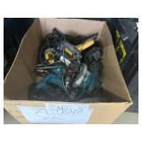 BOX WITH ASSORTED DRILLS & HAND SAWS