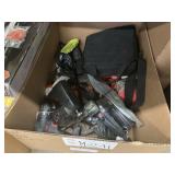 BOX WITH ASSORTED DRILLS & HAND TOOLS