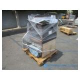 A PALLET WITH RABBIT CAGE, SUITCASE, 2 BASKETBALL