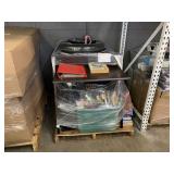 LOT WITH A WOODEN DESK, TIRE & ASSORTED BOOKS