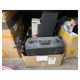BOX WITH MISCELLANEOUS ITEMS: CASE WITH YELLOW CON BOX WITH MISCELLANEOUS ITEMS: CASE WITH YELLOW CON