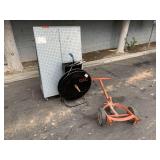 LOT WITH 1 METAL PEG BOARD, BARREL DOLLY & METAL LOT WITH 1 METAL PEG BOARD, BARREL DOLLY & METAL