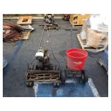 LOT OF LAWNMOWER AND SEED SPREADER LOT OF LAWNMOWER AND SEED SPREADER