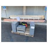 PALLET WITH 3 TOOL BOXES, FIBERGLASS LADDER &